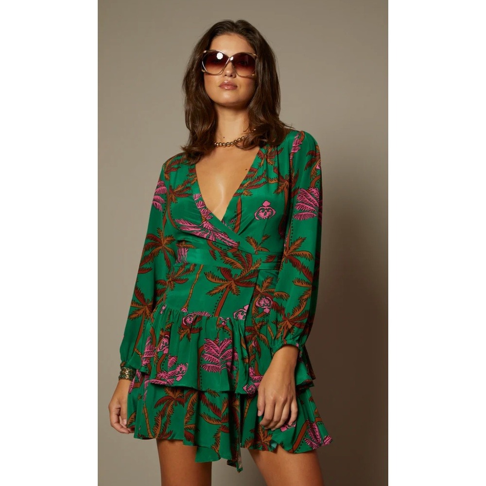 Royal Palms The Mara Silk‎ Wrap Mini Dress In Royal Palm Cabana Print Womans S